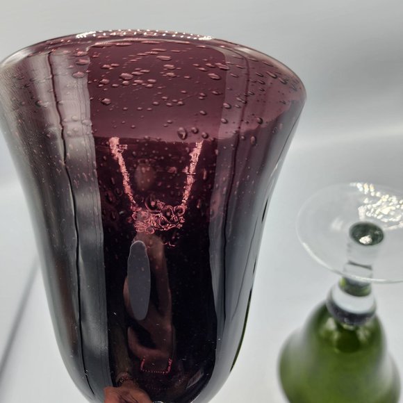 Artland Iris bubble hand blown plum & avocado colored glass goblets set of 2 - Picture 4 of 8